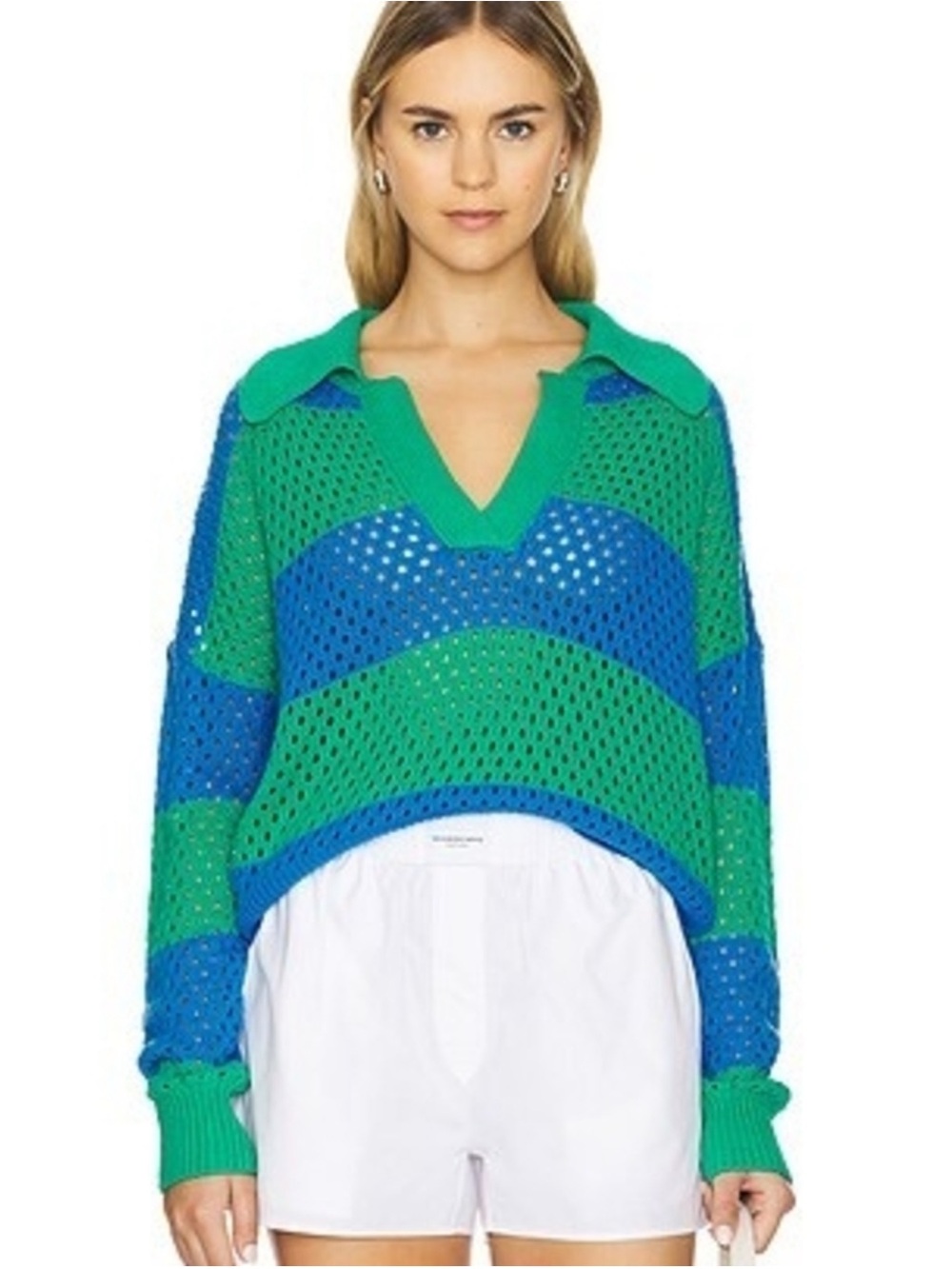 Beach Riot Green and Blue V-Neck Sweater with Color-Block Design